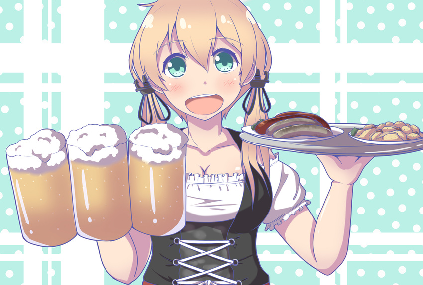 :d alcohol alternate_costume anchor_hair_ornament aqua_eyes beer beer_mug breasts carrying cleavage collarbone commentary_request cup dirndl food german_clothes germany hair_ornament highres holding holding_cup kantai_collection light_brown_hair long_hair looking_at_viewer medium_breasts open_mouth potato prinz_eugen_(kantai_collection) sausage smile solo twintails yukimi_unagi zanshomimai