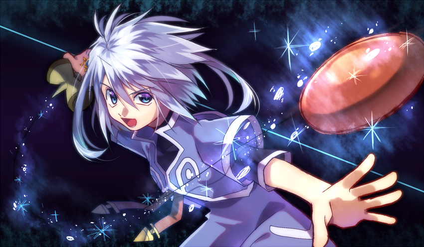 bad_id bad_pixiv_id ball blue_eyes genius_sage grey_hair kendama long_hair male_focus open_mouth sho_yu solo sparkle tales_of_(series) tales_of_symphonia teeth upper_body