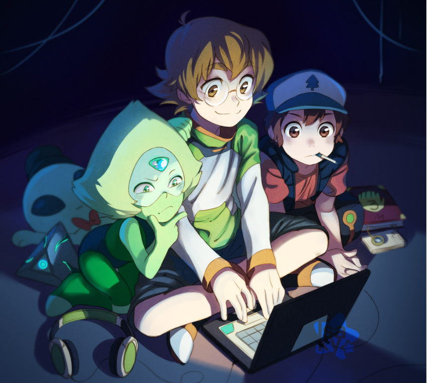 2girls :3 baseball_cap bodysuit book bow bowtie brown_eyes brown_hair computer crossover dipper_pines eyebrows eyebrows_visible_through_hair flipped_hair forehead_jewel glasses gravity_falls green_bodysuit green_eyes green_hair green_skin hand_on_own_chin hand_on_shoulder hat headphones hyakujuu-ou_golion indian_style interlocked_fingers isakysaku laptop mini_hat mini_top_hat multiple_crossover multiple_girls pen peridot_(steven_universe) pidge_gunderson reverse_trap sitting smile steven_universe stuffed_alien stuffed_toy thick_eyebrows top_hat trait_connection vest voltron:_legendary_defender watermark