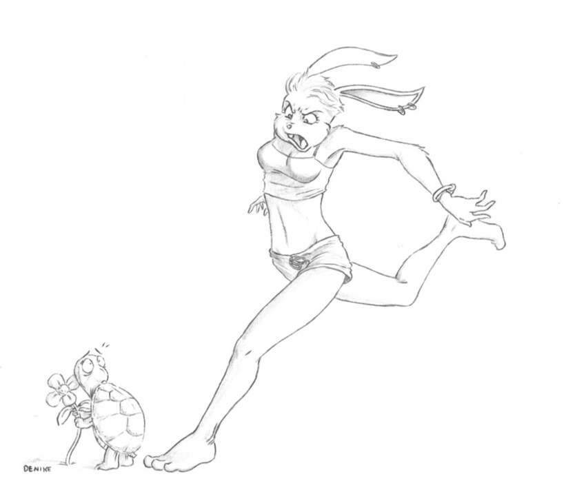 anthro armpits black_and_white denike duo ear_piercing female lagomorph mammal midriff monochrome pencil_(artwork) piercing rabbit reptile scalie simple_background size_difference the_tortoise_and_the_hare traditional_media_(artwork) turtle white_background