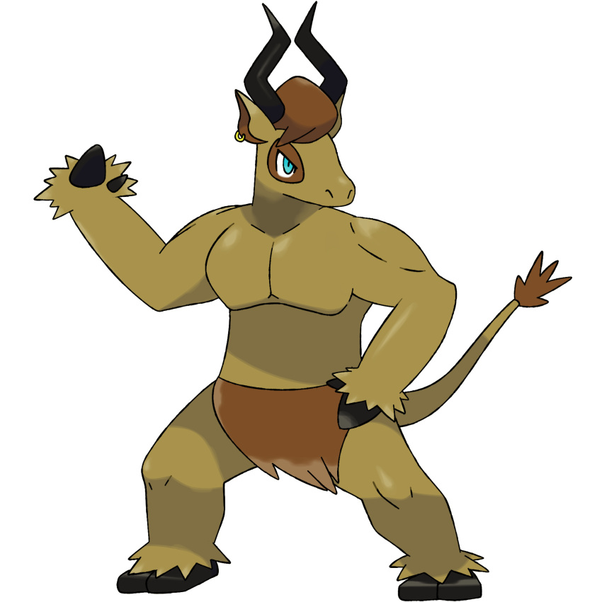 2018 alpha_channel angry biped black_hooves black_horn blue_eyes bovine brown_body brown_fur clothing digital_drawing_(artwork) digital_media_(artwork) ear_piercing fak&eacute;mon fur hooves horn loincloth male mammal muscular muscular_male nude piercing portrait pose reallydarkandwindie simple_background standing terrabull transparent_background video_games