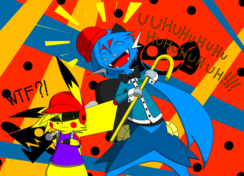 ! 2014 2015 2016 ? ^_^ abstract_background armor baseball_bat bow_tie candyman cane clothing crossover dewott eyes_closed fingerless_gloves gloves hat helmet humanoid insane laugh lethal_league male mammal mouse mustelid nintendo otter pikachu pok&eacute;mon raptor_(lethal_league) rodent scallop shell shirt sketchsuke smile tank_top teeth top_hat video_games walking_stick what