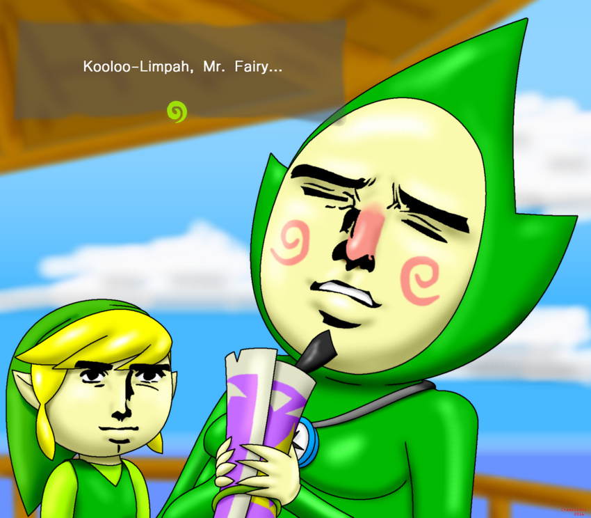 2016 blonde_hair bodysuit chameloshi clothing duo english_text eyes_closed facial_hair goatee hair hat holding_(disambiguation) holding_object humanoid hylian link male moobs nintendo not_furry pointy_ears red_nose skinsuit text the_legend_of_zelda tight_clothing tingle toon_link video_games yaranaika