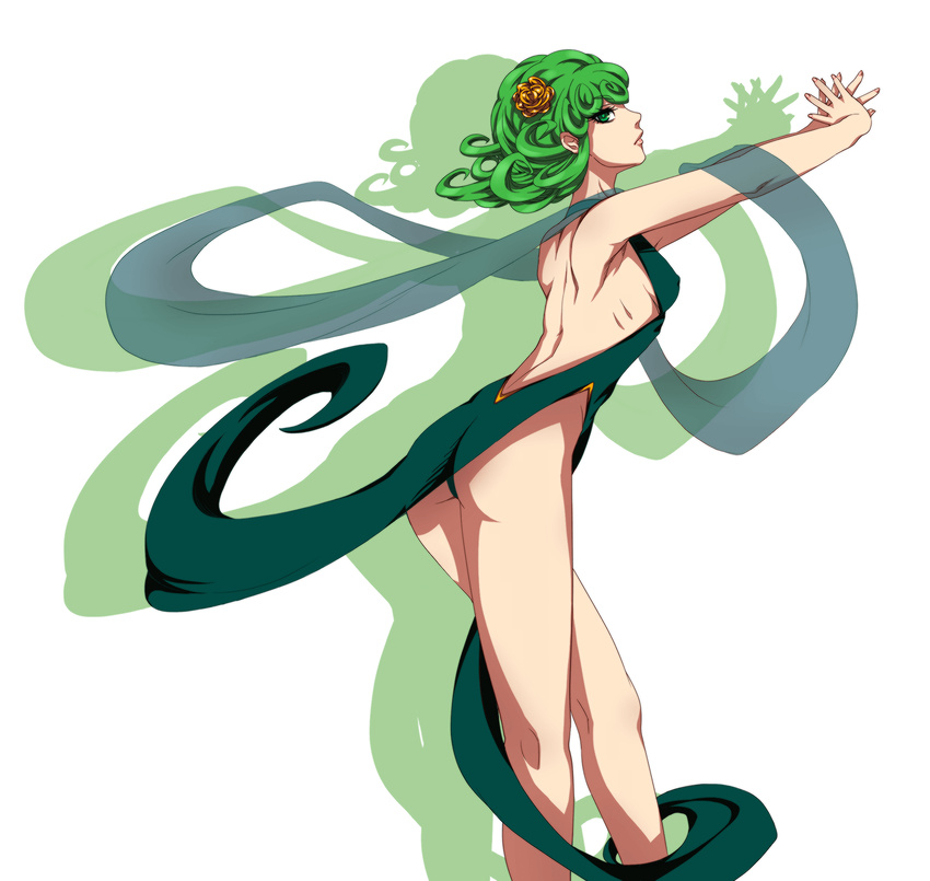 adapted_costume akino_(gokosei) armpits ass backless_dress backless_outfit bare_shoulders breasts closed_mouth commentary_request cowboy_shot curly_hair dress drop_shadow flower from_side green_dress green_eyes green_hair hair_flower hair_ornament highres kneepits leaning_forward looking_at_viewer one-punch_man outstretched_arms pelvic_curtain profile shawl short_hair sideboob sleeveless sleeveless_dress small_breasts solo tatsumaki white_background