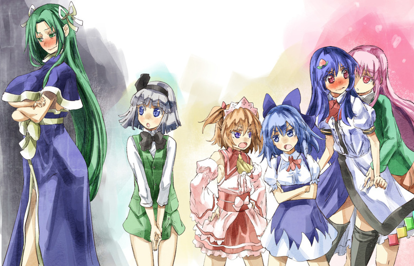 black_legwear blue_eyes blue_hair blush bow breast_hold breasts capelet cirno commentary_request crossed_arms detached_collar dress_shirt food fruit green_eyes green_hair grey_hair hair_bow hair_ornament hair_ribbon hairclip hands_on_hips hata_no_kokoro headdress height_difference hinanawi_tenshi konpaku_youmu large_breasts long_hair mima multiple_girls no_hat no_headwear open_mouth peach pink_eyes pink_hair red_eyes ribbon shirt short_hair skirt skirt_set sunny_milk thighhighs touhou touhou_(pc-98) two_side_up underboob underbust yohane
