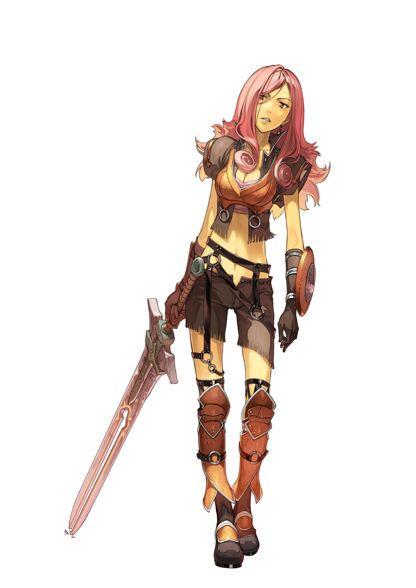 absurdres boots breasts buckler cleavage croxino female_warrior_(croxino) fringe_trim full_body gloves hidari_(left_side) highres long_hair medium_breasts official_art parted_lips pink_eyes pink_hair shield shorts simple_background solo sword weapon white_background