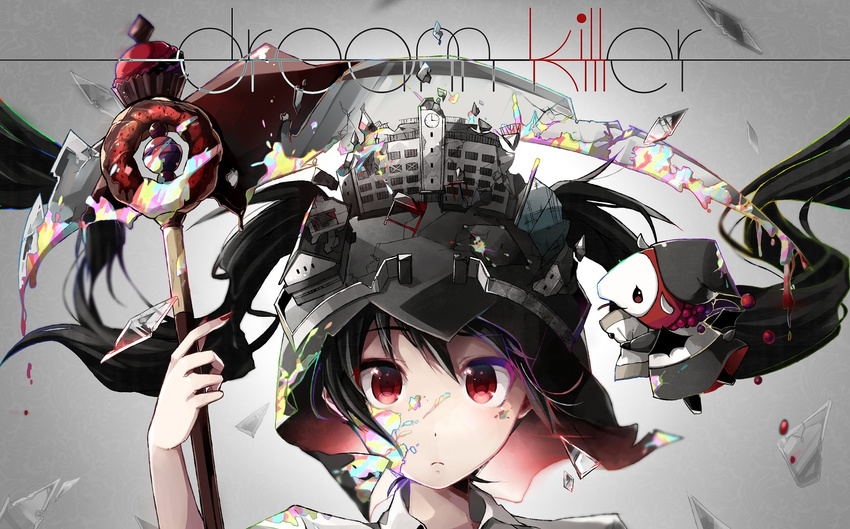 black_hair blood closed_mouth collared_shirt creature demon_wings desk english frown glass_shards hatsune_miku helmet highres holding horns long_hair looking_at_viewer nou pillow pillow_hug portrait red_eyes school school_desk scythe shirt song_name twintails vocaloid white_shirt wing_collar wings