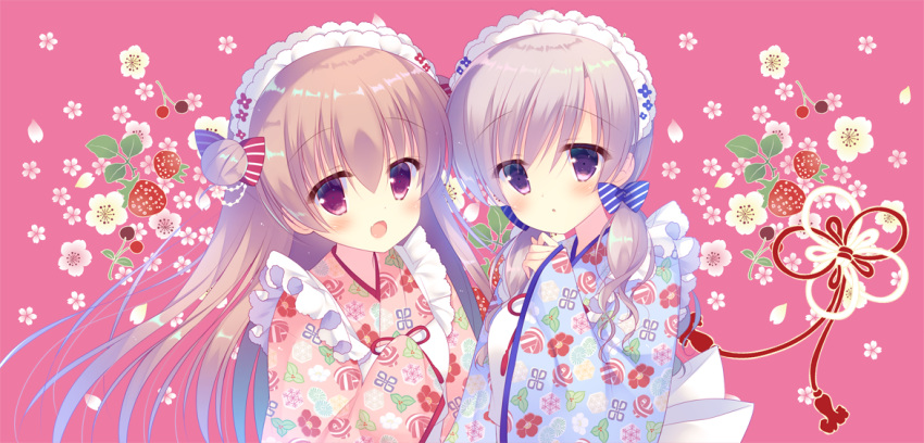 2girls :d :o apron bangs blue_bow blue_kimono blush bow brown_hair commentary_request diagonal_stripes double_bun eyebrows_visible_through_hair fang floral_print flower food fruit hair_between_eyes hair_bow japanese_clothes kimono long_hair long_sleeves multiple_girls open_mouth original pink_background pink_kimono print_kimono purple_eyes red_bow red_eyes side_bun sleeves_past_fingers sleeves_past_wrists smile strawberry strawberry_blossoms striped striped_bow sumii upper_body very_long_hair white_apron white_flower wide_sleeves
