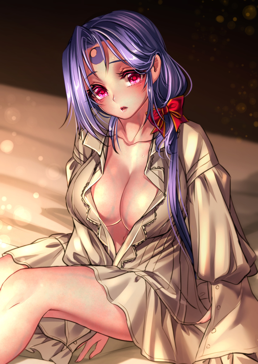 bed_sheet blue_hair blush breasts cleavage collarbone crescent forehead_tattoo hair_ribbon highres large_breasts long_hair looking_at_viewer nightgown open_clothes original red_eyes ribbon ryuki@maguro-ex sitting solo veins veiny_breasts