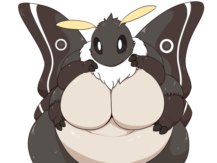 4_arms arthropod belly big_belly big_breasts black_fur breasts fur hand_on_stomach hi_res insect jonasii looking_at_viewer moth multi_arm multi_limb obese overweight shiny shiny_skin simple_background solo standing thick_thighs white_belly white_fur wide_hips wings yosioka_san
