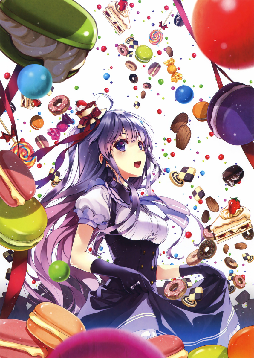 :d absurdres ahoge bangs blouse blue_eyes blush bodice bow breasts cake candy checkerboard_cookie chewing_gum chocolate_doughnut cookie cowboy_shot doughnut dress earrings elbow_gloves food fruit gloves gradient_hair gumball hat hat_bow highres jewelry lollipop long_hair looking_at_viewer macaron medium_breasts mini_hat misaki_kurehito multicolored_hair necktie open_mouth original petticoat pink_hair puffy_short_sleeves puffy_sleeves purple_eyes purple_gloves purple_hair purple_neckwear purple_skirt short_sleeves skirt skirt_hold slice_of_cake smile solo source_request strawberry stud_earrings sweets swirl_lollipop white_background white_blouse wing_collar wrapped_candy