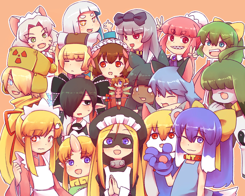 +_+ 6+girls animal_ears beako blonde_hair blue_eyes bow character_request child collar copyright_request covered_eyes crossover domino_mask doronjo double_v eyebrows eyebrows_visible_through_hair eyes_closed fairy fangs gegege_no_kitarou hair_bow hair_clip hair_ornament hat hinokara_(backfire02) horn kodansha leopard_(yatterman) looking_at_viewer mask multiple_girls nt-tan ok_sign one_eye_covered open_mouth os-tan pointy_ears shiny shiny_hair shiny_skin staff time_bokan_(series) v wings yatterman yoru_no_yatterman