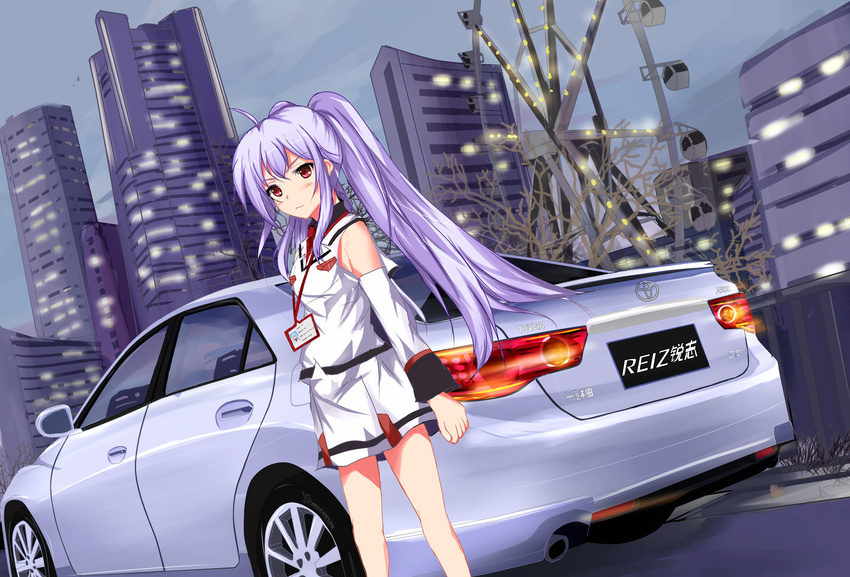 absurdres ahoge bad_id bad_pixiv_id bibendum brown_eyes building car commentary_request detached_sleeves ferris_wheel ground_vehicle highres isla_(plastic_memories) long_hair looking_at_viewer michelin motor_vehicle name_tag plastic_memories purple_hair skyscraper solo tianyu_jifeng tire toyota toyota_reiz twintails