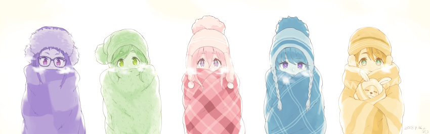 5girls :3 =_= absurdres aqua_eyes beanie blanket blue_hair chihuahua chikuwa_(yurucamp) dated dog earmuffs eyebrows_visible_through_hair glasses green_eyes hat highres inuyama_aoi kagamihara_nadeshiko kuzumochiko lineup long_hair looking_at_viewer multiple_girls number oogaki_chiaki pink_hair purple_eyes purple_hair saitou_ena shima_rin short_hair thick_eyebrows white_background yurucamp