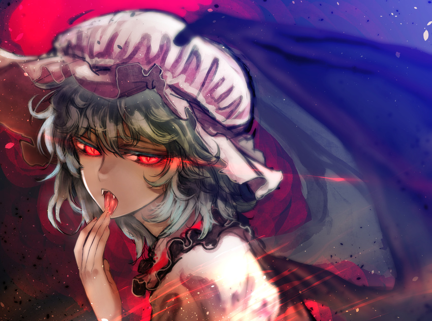 blue_hair fangs finger_licking glowing glowing_eyes hat licking nishiide_kengorou open_mouth red_eyes remilia_scarlet short_hair solo tongue tongue_out touhou upper_body vampire wings