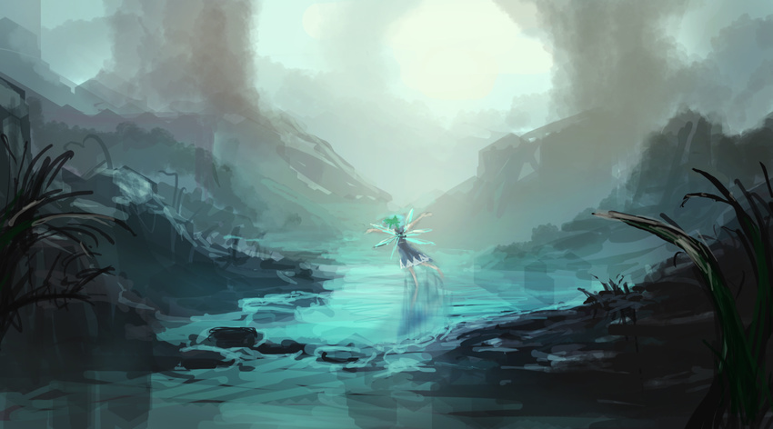 back bad_id bad_pixiv_id cirno dancing highres lm7_(op-center) river scenery solo sunlight touhou wings