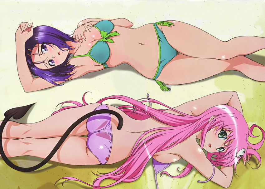 absurdres arm_up ass bikini blush breasts cleavage demon_tail hand_on_own_chest highres lala_satalin_deviluke long_hair lying medium_breasts multiple_girls navel norita_takumo on_back on_stomach peke pink_hair purple_hair sairenji_haruna short_hair side-tie_bikini sideboob smile swimsuit tail thighs to_love-ru topless untied untied_bikini wide_hips