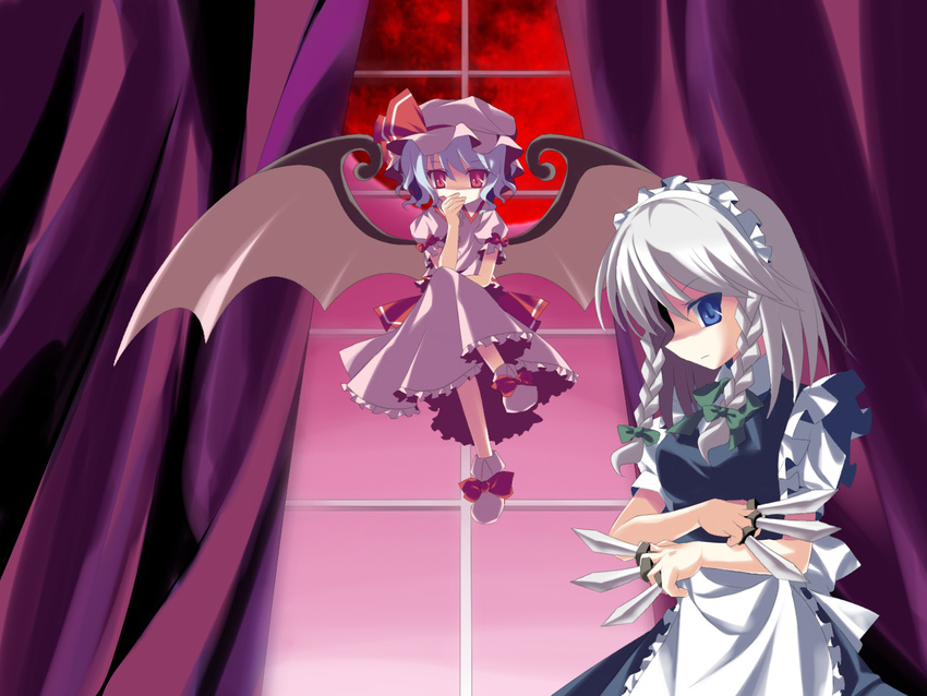 anju_(mocomocousagi) bad_id bad_pixiv_id between_fingers blue_hair braid hat izayoi_sakuya knife maid multiple_girls remilia_scarlet ribbon short_hair touhou wings