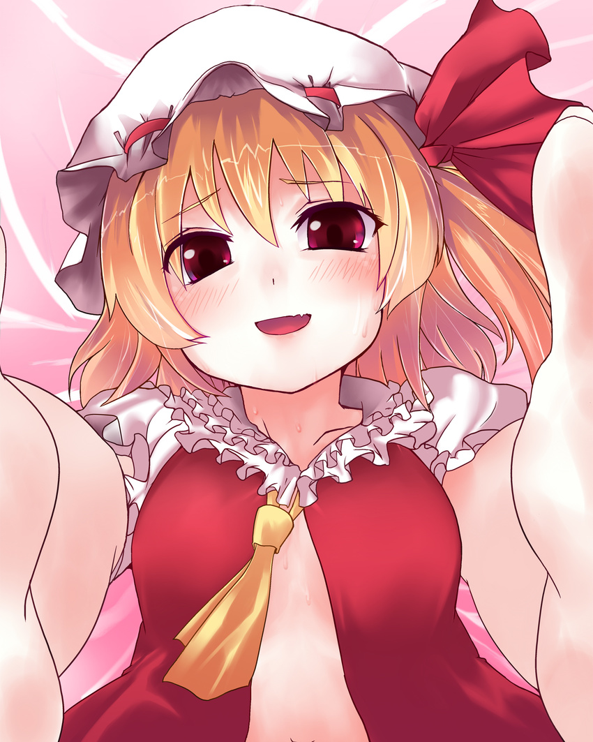 bad_id bad_pixiv_id bell_(oppore_coppore) blonde_hair blush flandre_scarlet hat highres lying on_back one_side_up open_clothes open_shirt ponytail pov red_eyes shirt short_hair solo sweat touhou untied