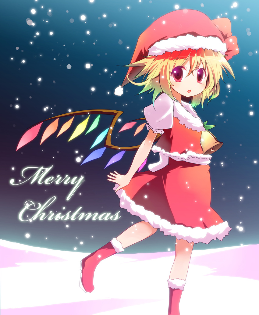 absurdres bell bell_(oppore_coppore) blonde_hair boots christmas flandre_scarlet gradient_hair green_hair highres multicolored_hair red_eyes santa_costume short_hair snow solo touhou wings