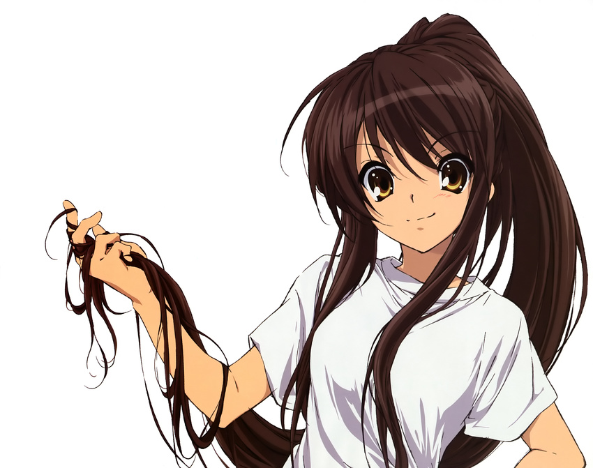 absurdres adjusting_hair alternate_costume alternate_hairstyle brown_eyes brown_hair gym_shirt highres holding holding_hair long_hair nishiya_futoshi ponytail render shirt solo suzumiya_haruhi suzumiya_haruhi_no_shoushitsu suzumiya_haruhi_no_yuuutsu t-shirt transparent_background very_long_hair