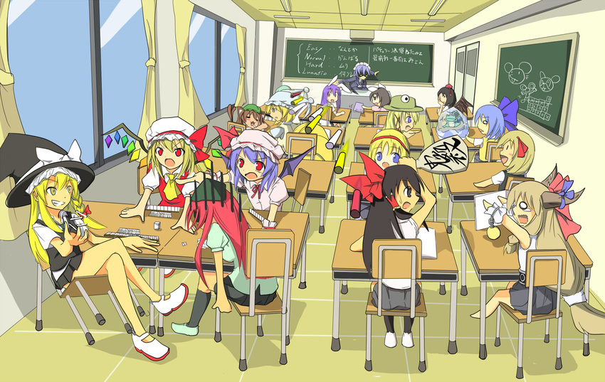 alice_margatroid alternate_costume animal_ears bad_anatomy black_legwear blonde_hair board_game bunny_ears chalk chalkboard chen cirno classroom contemporary desk everyone flandre_scarlet hakurei_reimu hat highres hong_meiling ibuki_suika inaba_tewi indoors izayoi_sakuya kirisame_marisa konpaku_youmu mahjong moriya_suwako mukuroi multiple_girls myon_(phrase) pillow_hat playing_games reisen_udongein_inaba remilia_scarlet rumia saliva school_desk shameimaru_aya shoes sleeping socks touhou translated wings yakumo_ran