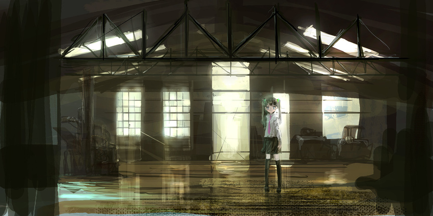 bad_id bad_pixiv_id copyright_request hangar highres indoors lm7_(op-center) necktie scenery skirt solo thighhighs twintails