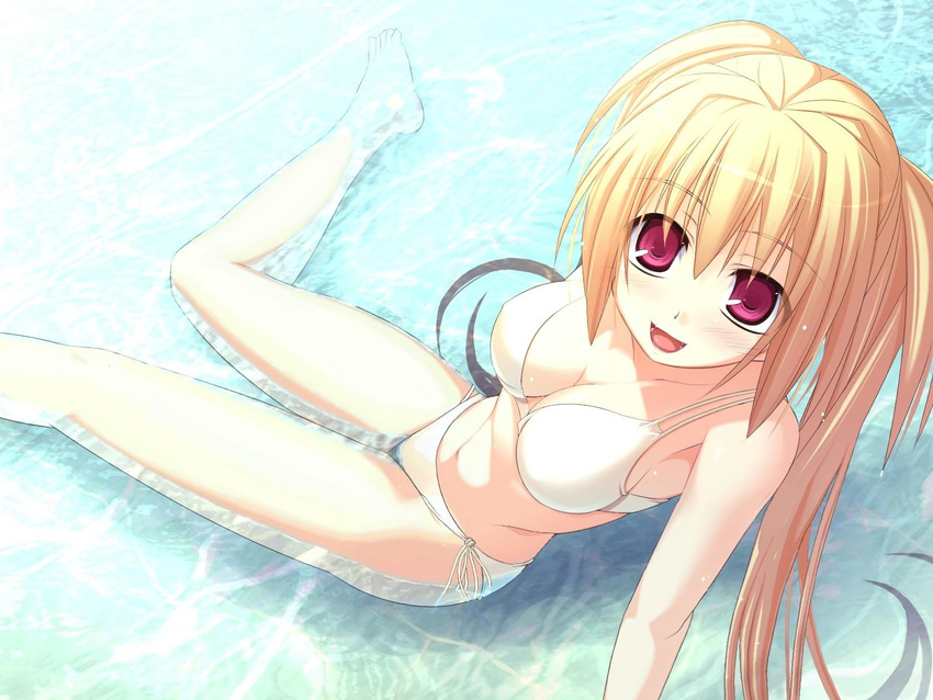 arm_support bamboo_blade barefoot bikini blonde_hair breasts chiba_kirino from_above highres long_hair looking_up medium_breasts ninozen red_eyes side-tie_bikini sitting smile solo sunlight swimsuit twintails wallpaper water