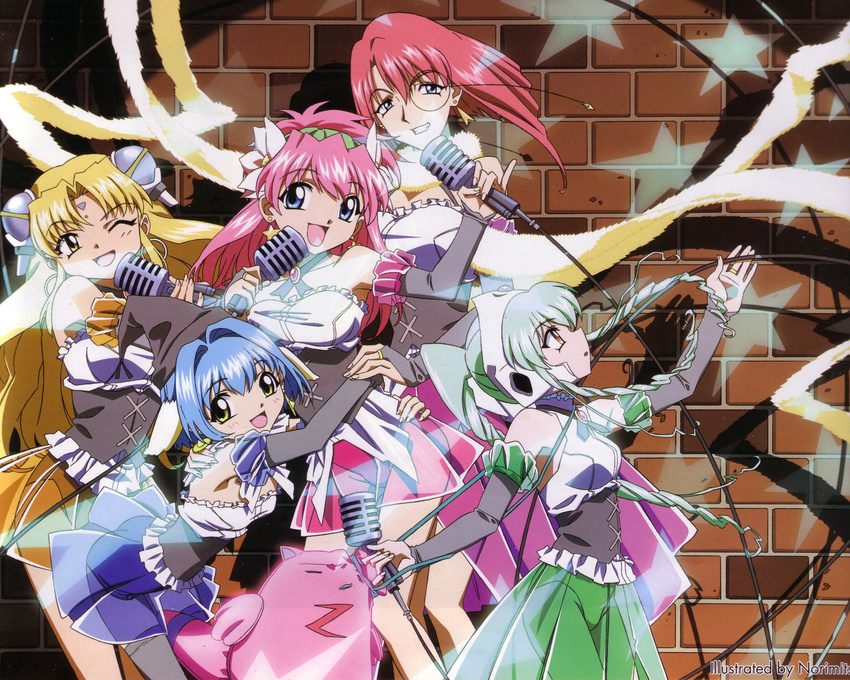 5girls bangs blancmanche_mint blonde_hair blue_eyes blue_hair brick_wall broccoli_(company) forte_stollen franboise_ranpha galaxy_angel green_eyes green_hair highres long_hair looking_at_viewer microphone milfeulle_sakuraba miniskirt mint_blancmanche monocle multiple_girls nomad normad one_eye_closed open_mouth pink_hair ranpha_franboise red_hair sakuraba_milfeulle see-through short_hair skirt smile stollen_forte vanilla vanilla_h wink yellow_eyes