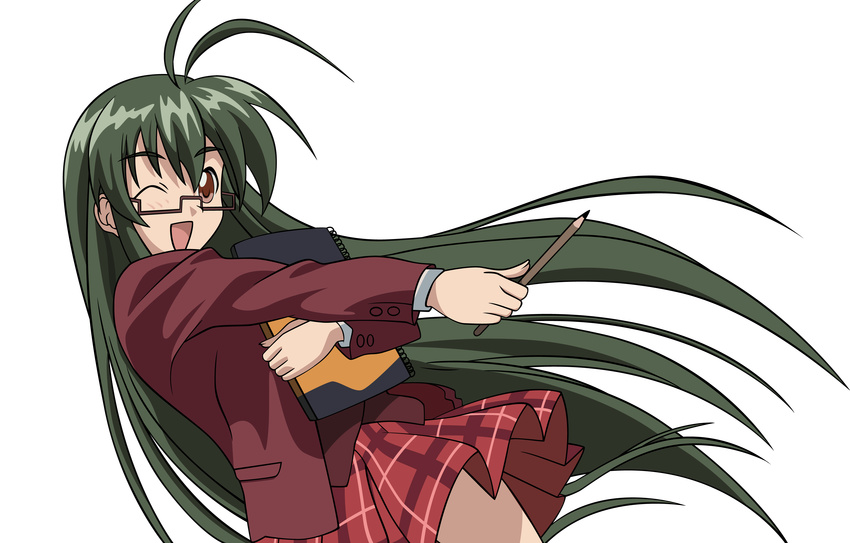 absurdres antenna_hair glasses highres long_hair mahora_academy_middle_school_uniform mahou_sensei_negima! negativezero non-web_source pencil plaid plaid_skirt saotome_haruna school_uniform sketchbook skirt solo transparent_background vector_trace