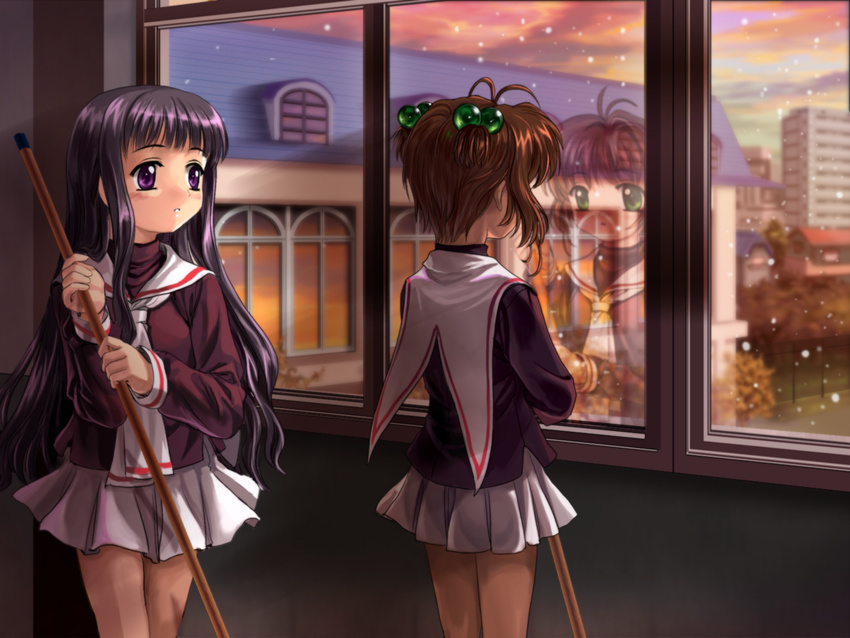 antenna_hair bangs black_hair black_shirt blunt_bangs blush breasts brown_hair building cardcaptor_sakura cleaning cowboy_shot daidouji_tomoyo facing_away glass green_eyes highres holding indoors kinomoto_sakura letterboxed long_hair long_sleeves looking_at_another looking_out_window miniskirt multiple_girls mutsuki_(moonknives) neckerchief non-web_source parted_lips pleated_skirt purple_eyes reflection sailor_collar school_uniform serafuku shirt sidelocks skirt sky snowing standing tomoeda_elementary_school_uniform turtleneck two_side_up white_sailor_collar white_skirt window