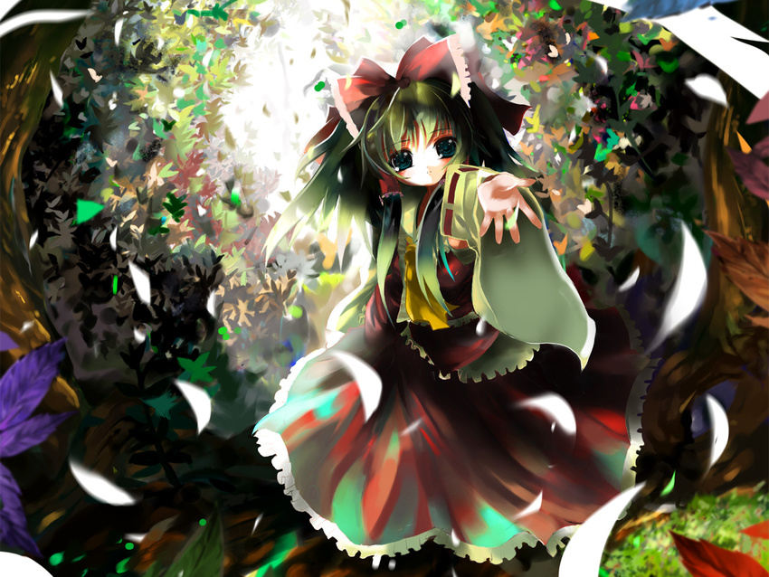 ascot bad_id bad_pixiv_id brown_eyes brown_hair detached_sleeves dress hakurei_reimu long_sleeves looking_at_viewer outdoors outstretched_arm petals plant red_dress ribbon-trimmed_sleeves ribbon_trim shino_(eefy) solo touhou tree