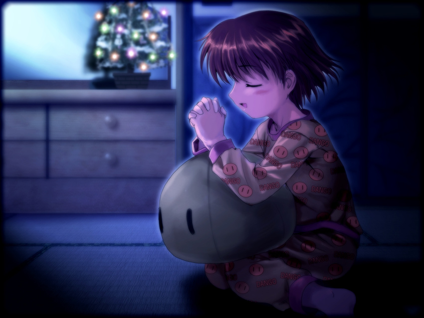 christmas_tree clannad closed_eyes dango_daikazoku mutsuki_(moonknives) okazaki_ushio pajamas praying solo