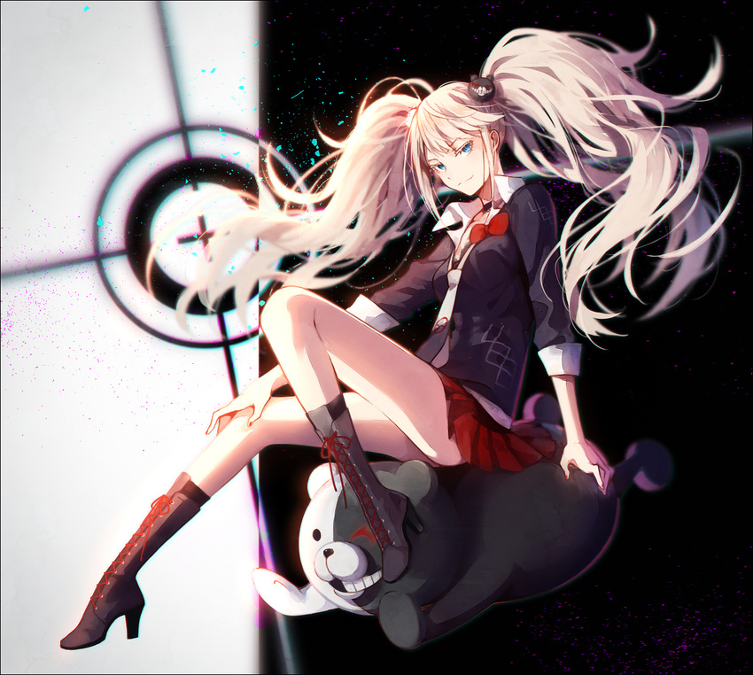 bad_id bad_pixiv_id blue_eyes boots cross-laced_footwear danganronpa danganronpa_1 enoshima_junko hair_ornament hakusai_(tiahszld) high_heel_boots high_heels lace-up_boots long_hair monokuma necktie pleated_skirt school_uniform skirt sleeves_rolled_up spoilers target twintails