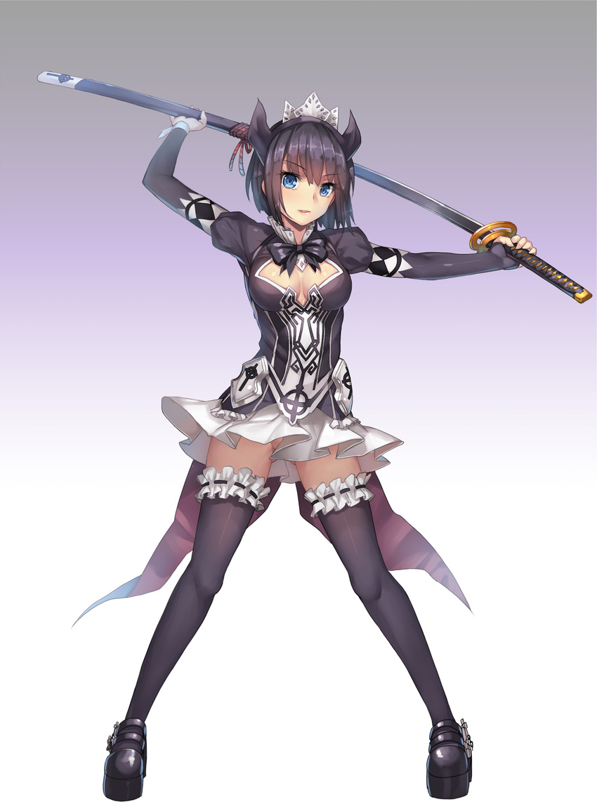 absurdres arms_up ass_visible_through_thighs black_bow black_footwear black_hair black_legwear black_neckwear blue_eyes bow bowtie breasts cleavage cleavage_cutout eyebrows eyebrows_visible_through_hair frills full_body gradient gradient_background hairband highres holding holding_sword holding_weapon horns juliet_sleeves katana leg_garter legs_apart long_sleeves looking_at_viewer medium_breasts no_panties ootachi original parted_lips pink_lips puffy_sleeves sheath sheathed shoes short_hair skirt smile solo standing sword thighhighs upskirt weapon weiyinji_xsk white_skirt
