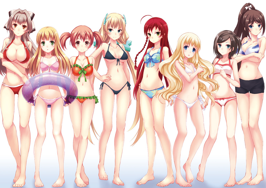 amagi_brilliant_park angela_balzac azuki_azusa barefoot bikini bikini_shorts black_bikini black_hair blonde_hair blue_bikini blue_eyes braid breasts brown_eyes brown_hair cleavage crossed_arms crossed_legs crossover front-tie_top green_eyes hair_intakes hair_ribbon hand_on_hip hataraku_maou-sama! hentai_ouji_to_warawanai_neko. innertube latifa_fleuranza lineup long_hair medium_breasts multiple_crossover multiple_girls navel orange_bikini pink_bikini ponytail rakuen_tsuihou red_bikini red_hair ribbon sasakawa_arumi sasaki_chiho sento_isuzu short_hair shorts side_ponytail single_braid small_breasts standing swimsuit tsutsukakushi_tsukiko tsutsukakushi_tsukushi twintails very_long_hair white_bikini yellow_eyes yusa_emi