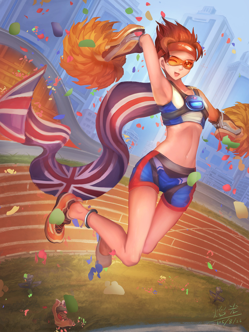alternate_costume armpits bad_perspective breasts brown_eyes brown_hair building cape cheering cheerleader collarbone confetti crop_top ear_piercing flag full_body goggles grass harness headband highres jumping looking_at_viewer nail_polish navel olympics one_eye_closed open_mouth outdoors overwatch piercing pom_poms shoe_loss shoes short_hair shorts single_shoe sleeveless small_breasts smile solo spiked_hair sprinkler tracer_(overwatch) track_and_field track_and_field_tracer union_jack yan_guang_aoxiang