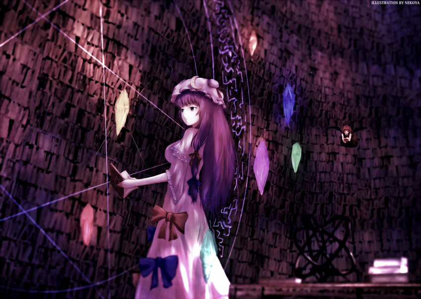 bad_id bad_pixiv_id blue_bow blurry book bookshelf bow capelet crescent crystal demon_girl demon_wings depth_of_field dyolf flying frilled_sleeves frills hair_bow hat head_wings highres holding holding_book indoors koakuma library long_hair magic_circle mob_cap multiple_girls open_book patchouli_knowledge philosopher's_stone purple_eyes purple_hair red_bow red_hair revision ribbon solo_focus touhou voile wide_sleeves wings