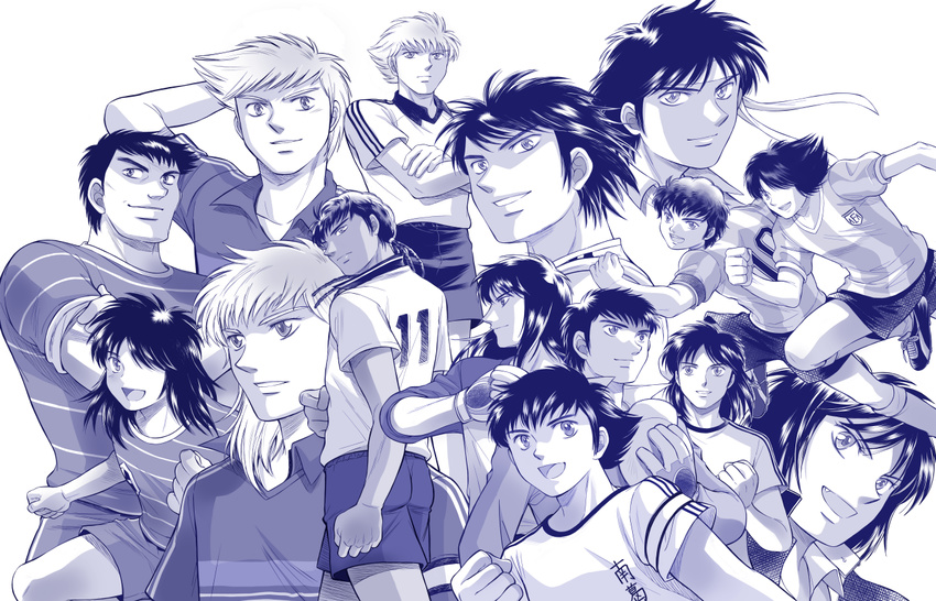 alan_pascal aoizawa_natsuki armband captain_tsubasa carlos_santana elle_sid_pierre gloves hachimaki headband hyuuga_kojirou izawa_mamoru jitou_hiroshi juan_diaz karl-heinz_schneider long_hair louis_napoleon matsuyama_hikaru monochrome multiple_boys nitta_shun oozora_tsubasa sano_mitsuru short_hair soccer soccer_uniform sportswear wakabayashi_genzou wakashimazu_ken