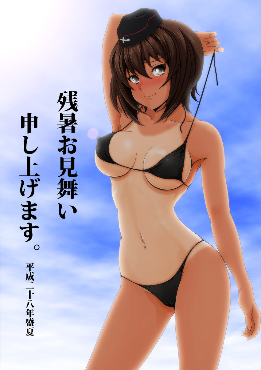 absurdres bikini black_hair blush breasts brown_eyes brown_hair cameltoe covered_nipples girls_und_panzer groin hat highres large_breasts nanashi_noiji navel nishizumi_maho ocean one-piece_tan smile solo swimsuit tan tanline zanshomimai