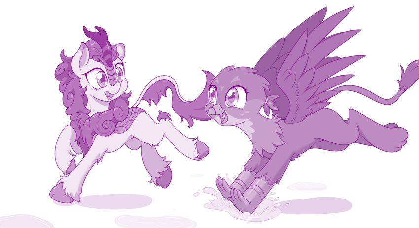 2019 autumn_blaze_(mlp) avian dstears duo equine eye_contact female feral friendship_is_magic gabby_(mlp) gryphon hair kirin mammal monochrome my_little_pony running scales scalie simple_background smile white_background