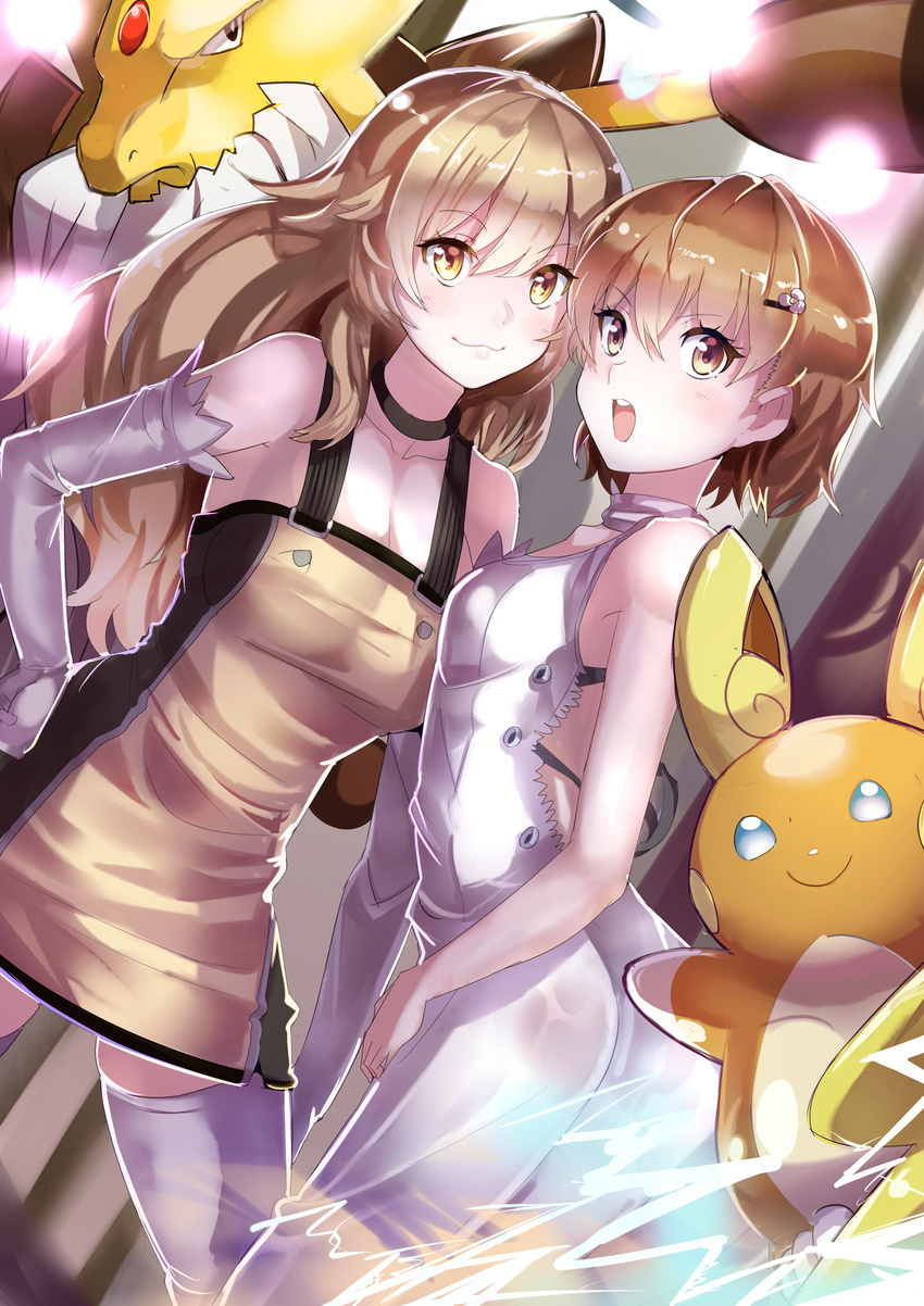 2girls :3 absurdres alakazam alolan_form alolan_raichu biribiri blonde_hair brown_hair elbow_gloves electricity gen_1_pokemon gloves highres julioalqae long_hair looking_at_viewer mega_alakazam mega_pokemon misaka_mikoto multiple_girls open_mouth pokemon pokemon_(creature) power_connection raichu shokuhou_misaki short_hair thighs to_aru_kagaku_no_railgun to_aru_majutsu_no_index white_gloves white_legwear