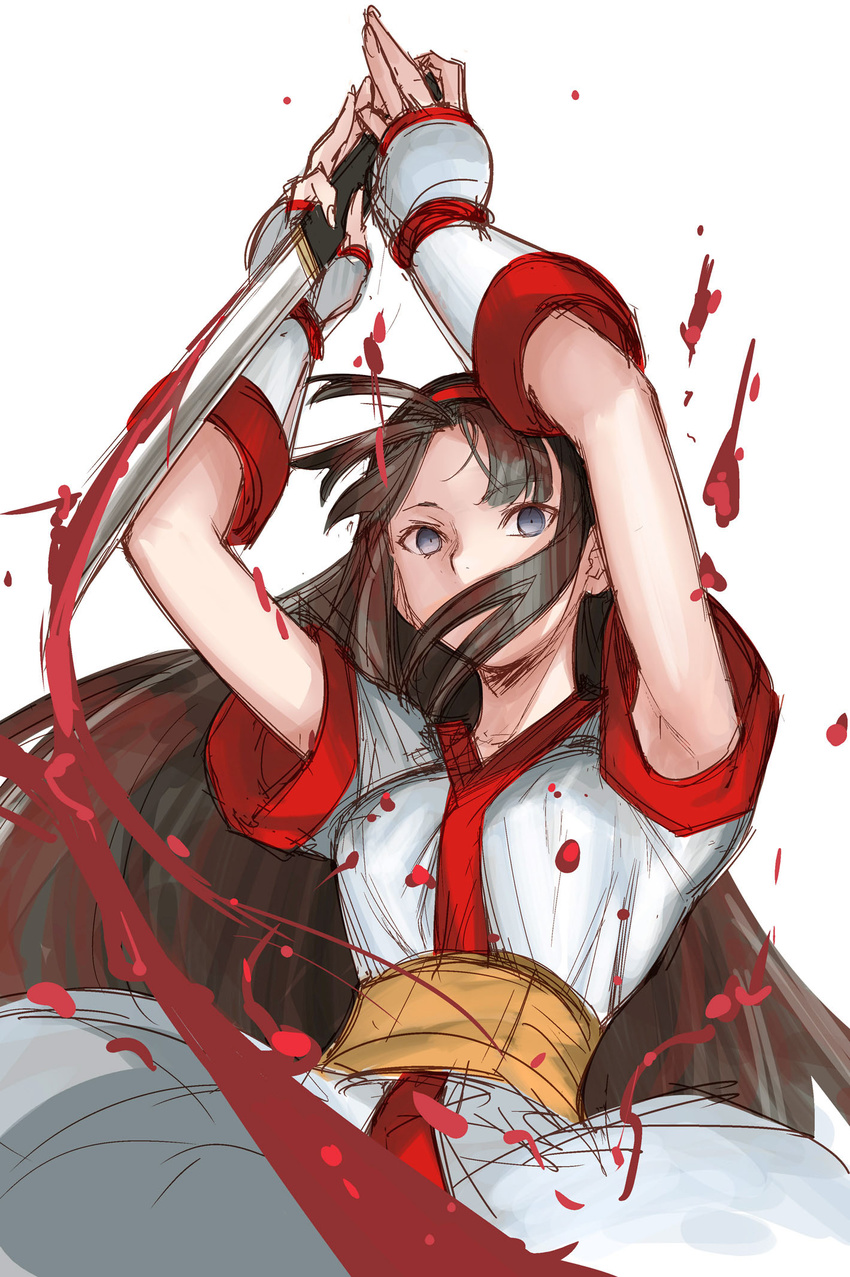 ainu_clothes armpit_peek armpits arms_up black_hair blood blue_eyes blush bow commentary fingerless_gloves gloves hair_bow hairband highres long_hair looking_at_viewer nakoruru red_bow samurai_spirits short_sword sketch solo sword tetsu_(kimuchi) the_king_of_fighters the_king_of_fighters_xiv weapon