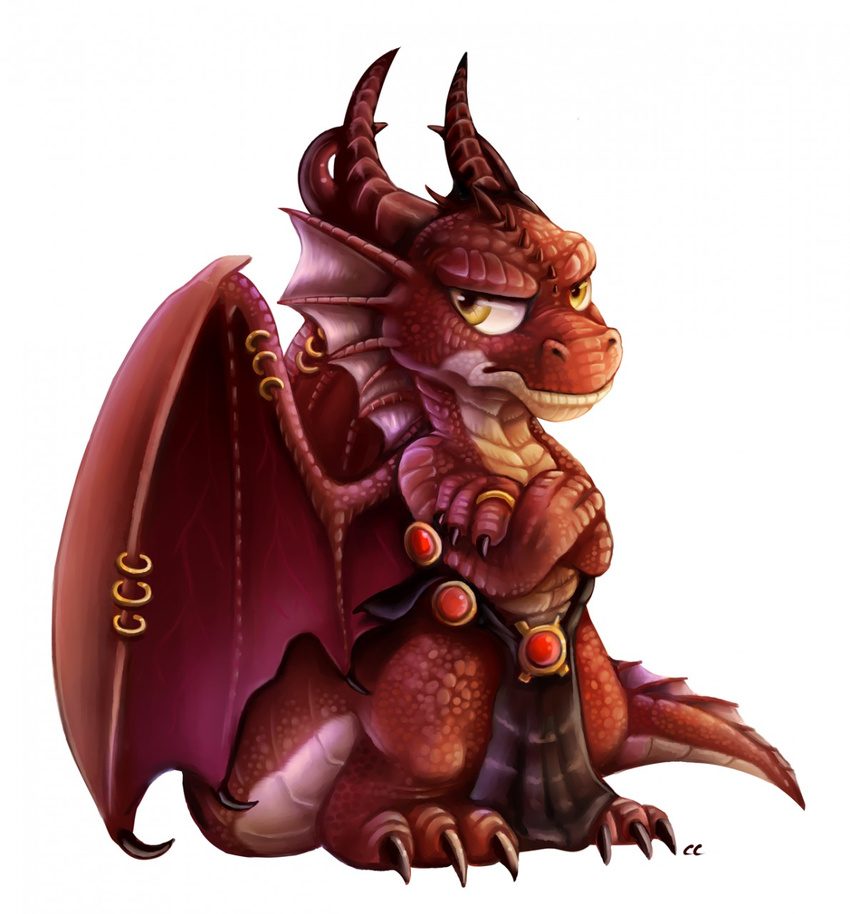 amber_eyes anthro chibity clothing crossed_arms dragon frill furgonomics furry-specific_piercing grumpy head_frill hi_res horn jewelry loincloth male membranous_wings piercing red_scales scales scalie sechutan simple_background solo standing unamused white_background wing_piercing wings