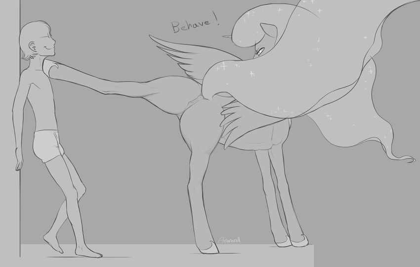 2016 anatomically_correct anatomically_correct_pussy animal_genitalia animal_pussy anus arareroll barefoot butt clothing duo english_text equine equine_pussy female feral friendship_is_magic hi_res horn human male mammal monochrome my_little_pony pussy smile spread_legs spreading text winged_unicorn wings