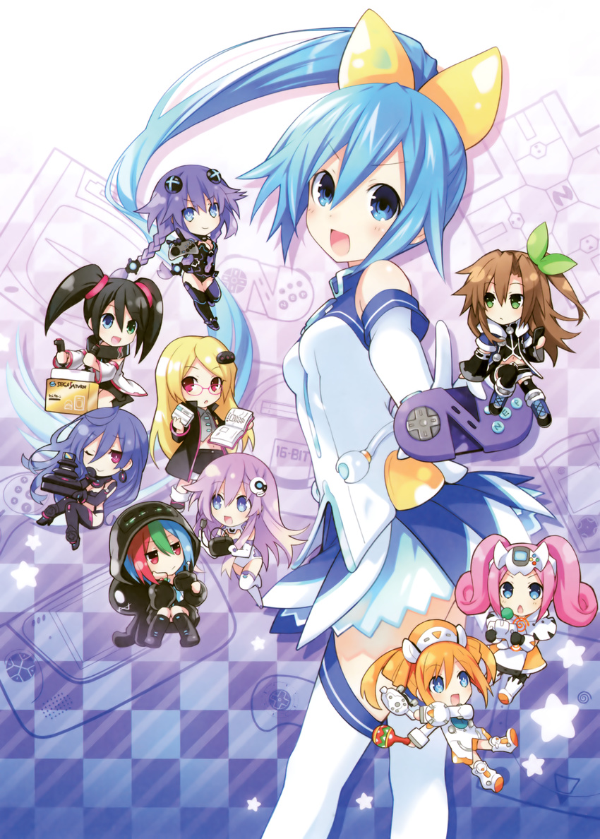 absurdres bare_shoulders black_hair blonde_hair blue_eyes blue_hair blush bodysuit book boots braid breasts brown_hair chibi choujigen_taisen_neptune_vs_sega_hard_girls earrings game_cg gloves green_eyes hair_between_eyes hair_ornament heterochromia highres holding holding_book huge_filesize if_(choujigen_game_neptune) iris_heart jewelry long_hair medium_breasts multiple_girls nepgear neptune_(series) official_art open_mouth orange_hair orange_heart pink_hair ponytail power_symbol purple_eyes purple_hair purple_heart purple_sister red_eyes sega_dreamcast_(sega_hard_girls) sega_game_gear_(sega_hard_girls) sega_hard_girls sega_hatsumi sega_mega_drive_(sega_hard_girls) sega_saturn_(sega_hard_girls) simple_background sitting skirt small_breasts smile standing symbol-shaped_pupils thigh_boots thighhighs thighs tied_hair tsunako twin_braids twintails very_long_hair zettai_ryouiki