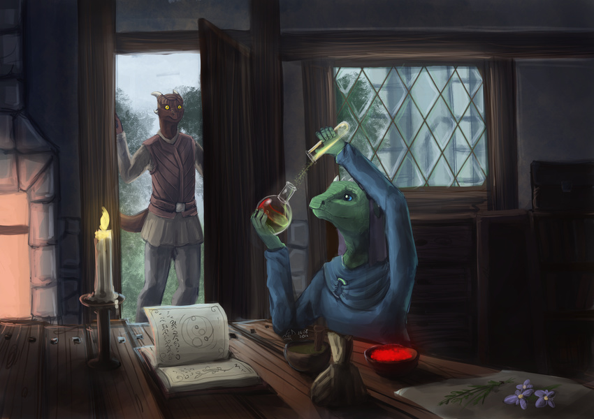 5_fingers absurd_res anthro blue_eyes book chemistry clothed clothing dalagar detailed_background dragon duo green_scales hi_res in_doorway inside outside red_scales scales sitting smile solo standing yellow_eyes