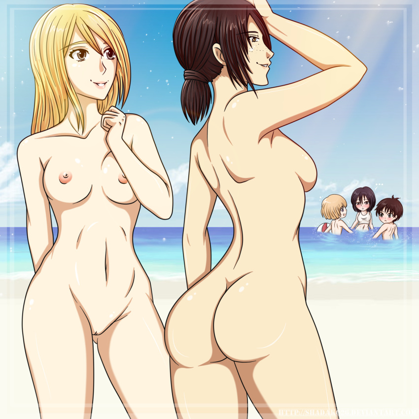 2boys 3girls ass christa_renz multiple_boys multiple_girls nude shingeki_no_kyojin