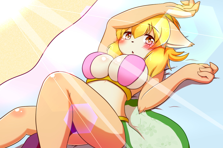 1girl artist_request blonde_hair blush breasts brown_eyes cat cleavage furry large_breasts laying_down long_hair lying on_back solo