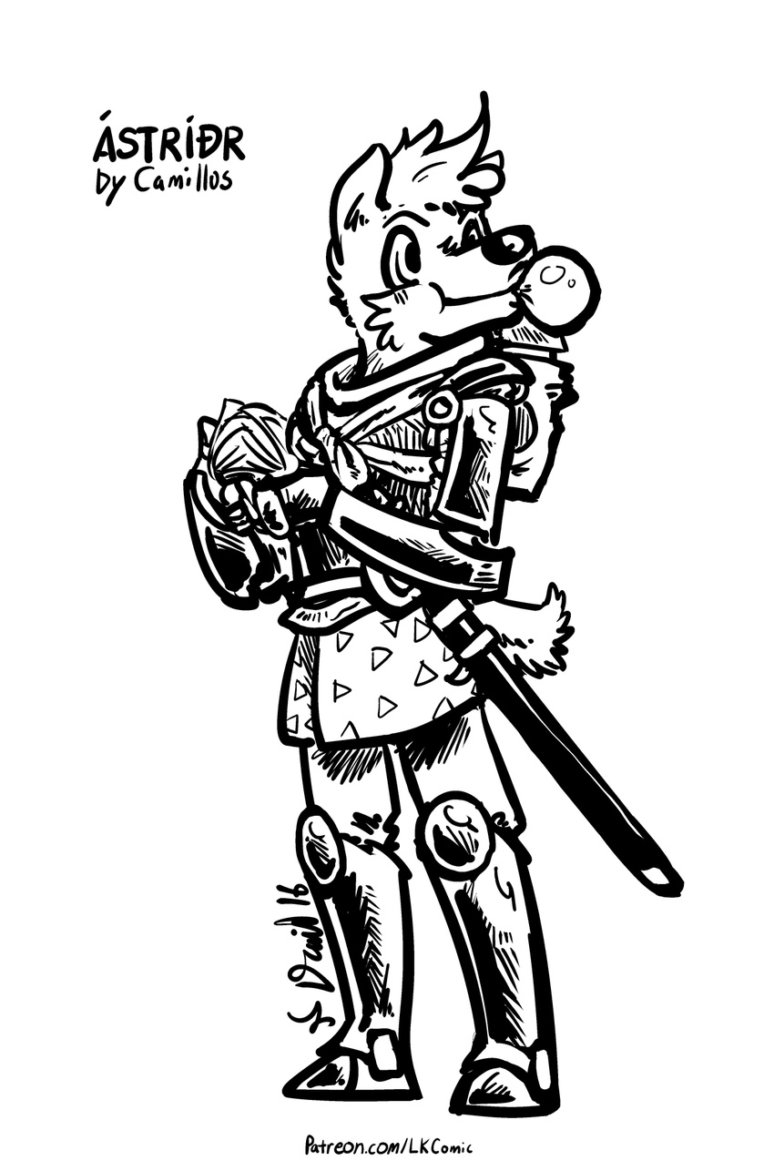 &aacute;str&iacute;&eth;r armor bubble_gum canine eno female latchkey_kingdom mammal melee_weapon monochrome p5ych solo sword weapon yuman